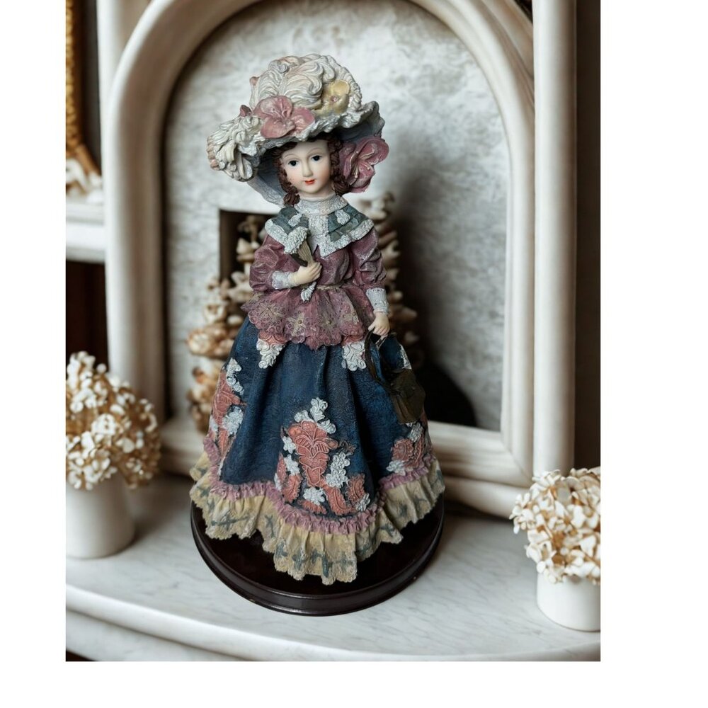 Vintage Victorian lady Porcelain Figurine With Floral Dress & Hat On Wooden Base